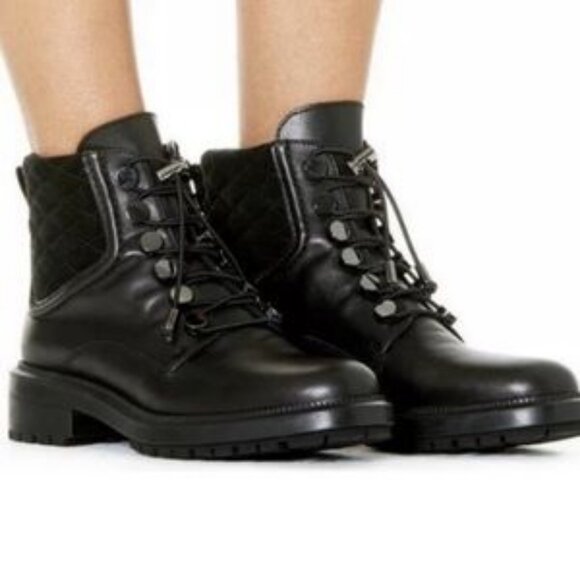 Womens Aquatalia Linda Black Leather Suede Trim Lace-Up Combat Moto Booties 8 - Picture 1 of 16